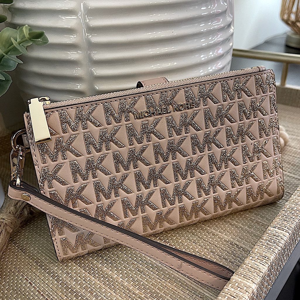Michael Kors Jet Set Travel Double Zip Wristlet Wallet Soft Pink W/ Gold Glitter